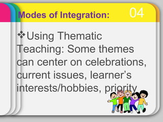 Modes of Integration: 04 
Using Thematic 
Teaching: Some themes 
can center on celebrations, 
current issues, learner’s 
interests/hobbies, priority 
 