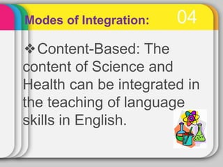 04
Modes of Integration:
❖Content-Based: The
content of Science and
Health can be integrated in
the teaching of language
skills in English.
 