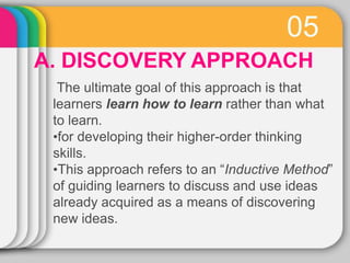 05
A. DISCOVERY APPROACH
The ultimate goal of this approach is that
learners learn how to learn rather than what
to learn.
•for developing their higher-order thinking
skills.
•This approach refers to an “Inductive Method”
of guiding learners to discuss and use ideas
already acquired as a means of discovering
new ideas.
 