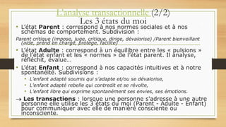 L’analyse transactionnelle (2/2)
Les 3 états du moi
• L’état Parent : correspond à nos normes sociales et à nos
schémas de comportement. Subdivision :
Parent critique (impose, juge, critique, dirige, dévalorise) /Parent bienveillant
(aide, prend en charge, protège, facilite)
• L’état Adulte : correspond à un équilibre entre les « pulsions »
de l’état enfant et les « normes » de l’état parent. Il analyse,
réfléchit, évalue…
• L’état Enfant : correspond à nos capacités intuitives et à notre
spontanéité. Subdivisions :
• L’enfant adapté soumis qui s’adapte et/ou se dévalorise,
• L’enfant adapté rebelle qui contredit et se révolte,
• L’enfant libre qui exprime spontanément ses envies, ses émotions.
 Les transactions : lorsque une personne s'adresse à une autre
personne elle utilise les 3 états du moi (Parent - Adulte - Enfant)
pour communiquer avec elle de manière consciente ou
inconsciente.
 