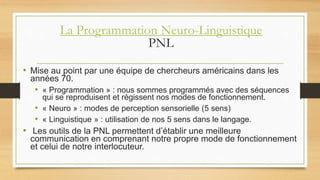 La Programmation Neuro-Linguistique
PNL
• Mise au point par une équipe de chercheurs américains dans les
années 70.
• « Programmation » : nous sommes programmés avec des séquences
qui se reproduisent et régissent nos modes de fonctionnement.
• « Neuro » : modes de perception sensorielle (5 sens)
• « Linguistique » : utilisation de nos 5 sens dans le langage.
• Les outils de la PNL permettent d’établir une meilleure
communication en comprenant notre propre mode de fonctionnement
et celui de notre interlocuteur.
 