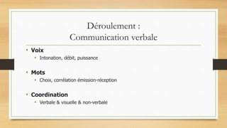 Déroulement :
Communication verbale
• Voix
• Intonation, débit, puissance
• Mots
• Choix, corrélation émission-réception
• Coordination
• Verbale & visuelle & non-verbale
 
