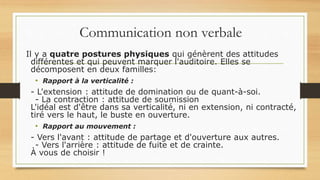 Communication non verbale
Il y a quatre postures physiques qui génèrent des attitudes
différentes et qui peuvent marquer l'auditoire. Elles se
décomposent en deux familles:
• Rapport à la verticalité :
- L'extension : attitude de domination ou de quant-à-soi.
- La contraction : attitude de soumission
L'idéal est d'être dans sa verticalité, ni en extension, ni contracté,
tiré vers le haut, le buste en ouverture.
• Rapport au mouvement :
- Vers l'avant : attitude de partage et d'ouverture aux autres.
- Vers l'arrière : attitude de fuite et de crainte.
À vous de choisir !
 