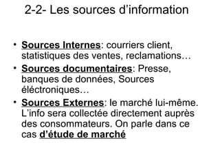 2-2- Les sources d’information

• Sources Internes: courriers client,
  statistiques des ventes, reclamations…
• Sources documentaires: Presse,
  banques de données, Sources
  éléctroniques…
• Sources Externes: le marché lui-même.
  L’info sera collectée directement auprès
  des consommateurs. On parle dans ce
  cas d’étude de marché
 