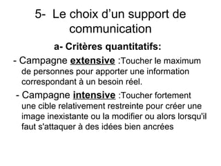 5- Le choix d’un support de
          communication
        a- Critères quantitatifs:
- Campagne extensive :Toucher le maximum
 de personnes pour apporter une information
 correspondant à un besoin réel.
- Campagne intensive :Toucher fortement
 une cible relativement restreinte pour créer une
 image inexistante ou la modifier ou alors lorsqu'il
 faut s'attaquer à des idées bien ancrées
 