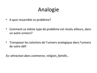 Analogie A quoi ressemble ce problème? Comment ce même type de problème est résolu ailleurs, dans un autre univers? Transposer les solutions de l’univers analogique dans l’univers de votre défi Ex: attraction dans commerce, religion, famille… 