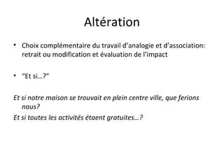 Altération Choix complémentaire du travail d’analogie et d’association: retrait ou modification et évaluation de l’impact “ Et si…?” Et si notre maison se trouvait en plein centre ville, que ferions nous?  Et si toutes les activités étaent gratuites…? 