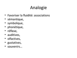 Analogie Favoriser la fluidité: associations  sémantique,  symbolique,  phonétique,  réflexe,  auditives,  olfactives,  gustatives,  souvenirs… 