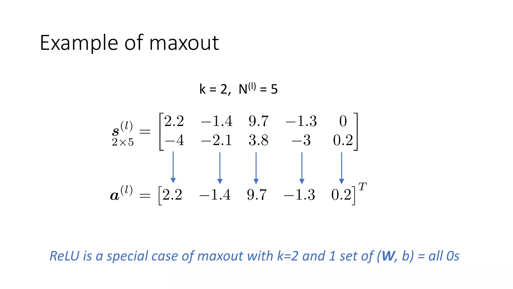 Example of maxout
k = 2, N(l) = 5
ReLU is a special case of maxout with k=2 and 1 set of (W, b) = all 0s
 