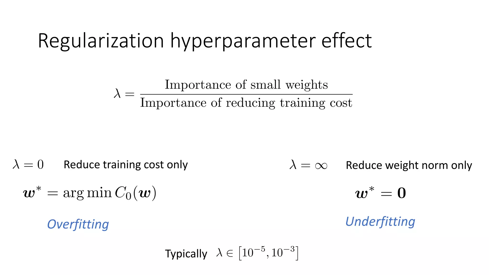 Regularization hyperparameter effect
Reduce training cost only
Overfitting
Reduce weight norm only
Underfitting
Typically
 
