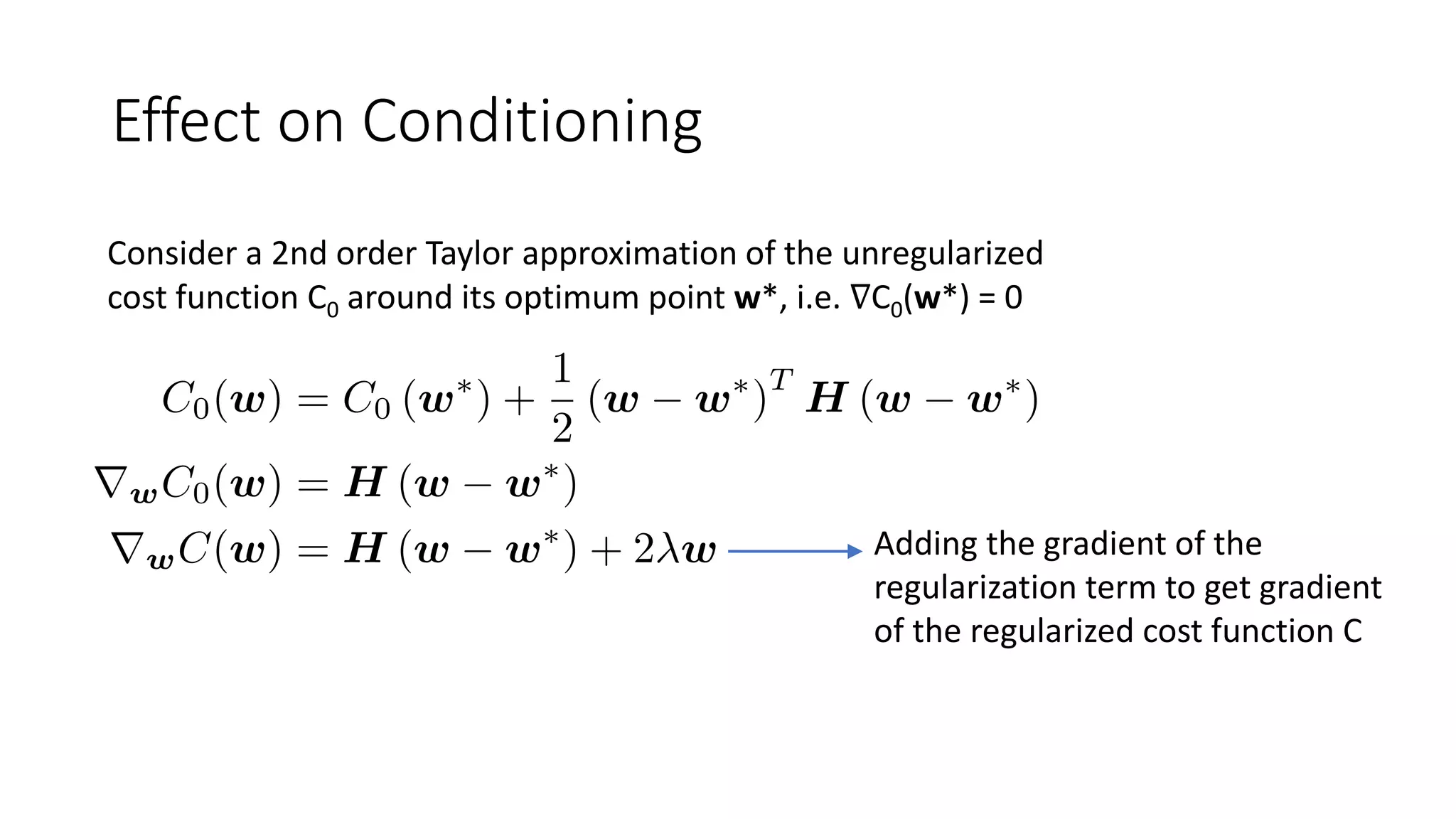 Effect on Conditioning
Consider a 2nd order Taylor approximation of the unregularized
cost function C0 around its optimum point w*, i.e. ∇C0(w*) = 0
Adding the gradient of the
regularization term to get gradient
of the regularized cost function C
 