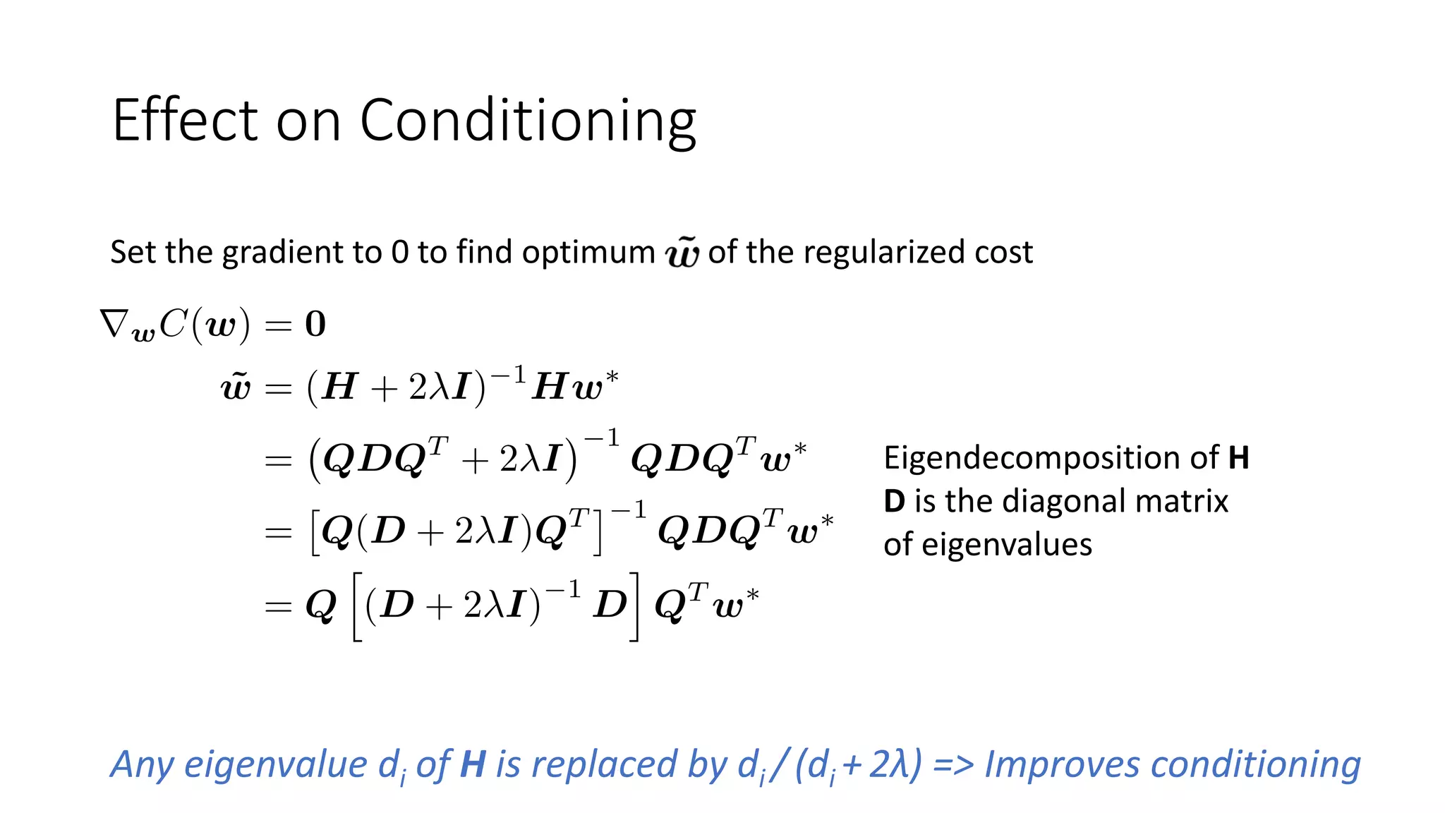Effect on Conditioning
Set the gradient to 0 to find optimum w of the regularized cost
Eigendecomposition of H
D is the diagonal matrix
of eigenvalues
Any eigenvalue di of H is replaced by di / (di + 2λ) => Improves conditioning
 