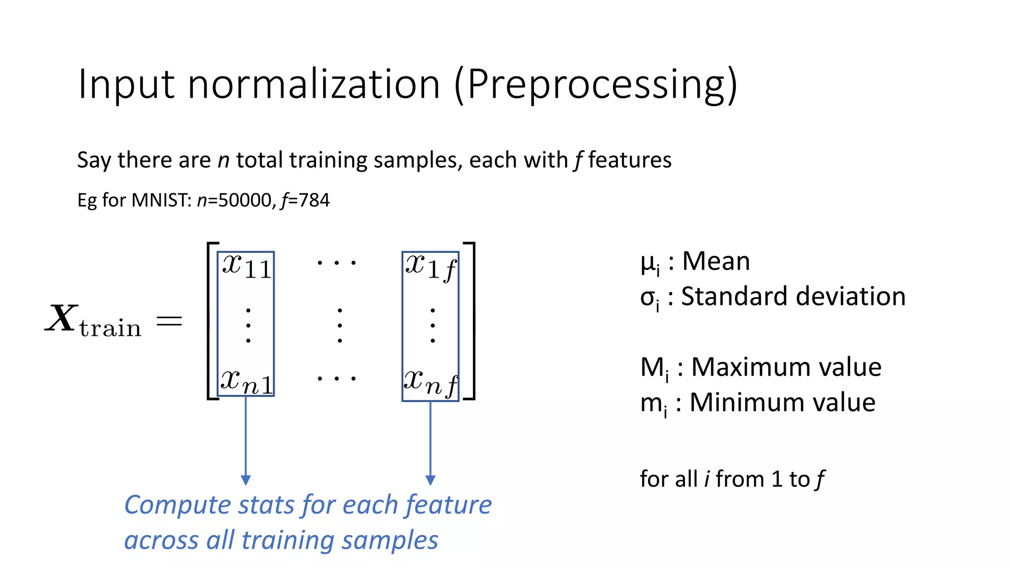 Input normalization (Preprocessing)
Say there are n total training samples, each with f features
Eg for MNIST: n=50000, f=784
Compute stats for each feature
across all training samples
μi : Mean
σi : Standard deviation
Mi : Maximum value
mi : Minimum value
for all i from 1 to f
 