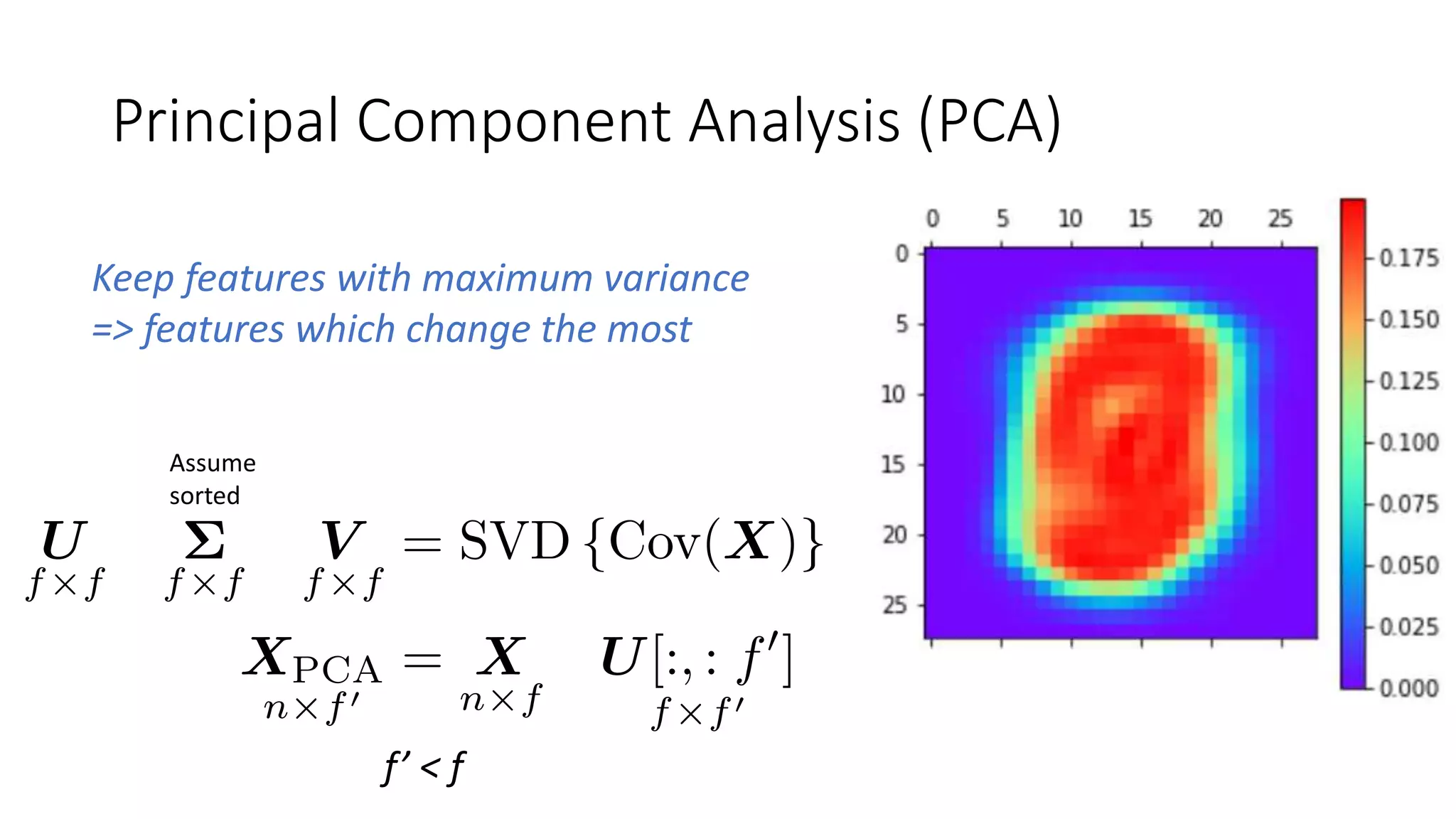 Principal Component Analysis (PCA)
Keep features with maximum variance
=> features which change the most
f’ < f
Assume
sorted
 