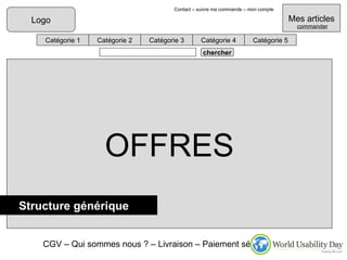 Logo chercher Catégorie 1 Catégorie 2 Catégorie 3 Catégorie 4 Catégorie 5 Mes articles commander OFFRES CGV – Qui sommes nous ? – Livraison – Paiement sécurisé - etc Contact – suivre ma commande – mon compte Structure générique