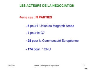 26/03/10 ENCG. Techniques de négociation 22
LES ACTEURS DE LA NEGOCIATION
4éme cas : N PARTIES
­ 25 pour la Communauté Européenne
­ 5 pour l ’Union du Maghreb Arabe
­ 7 pour le G7
­ 174 pour l ’ ONU
n/n
 