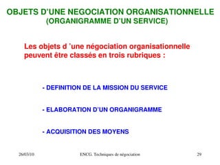 26/03/10 ENCG. Techniques de négociation 29
OBJETS D’UNE NEGOCIATION ORGANISATIONNELLE
(ORGANIGRAMME D’UN SERVICE)
Les objets d ’une négociation organisationnelle
peuvent être classés en trois rubriques :
­ DEFINITION DE LA MISSION DU SERVICE
­ ELABORATION D’UN ORGANIGRAMME
­ ACQUISITION DES MOYENS
 