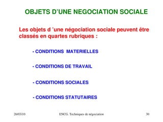 26/03/10 ENCG. Techniques de négociation 30
OBJETS D’UNE NEGOCIATION SOCIALE
Les objets d ’une négociation sociale peuvent être
classés en quartes rubriques :
­ CONDITIONS MATERIELLES
­ CONDITIONS DE TRAVAIL
­ CONDITIONS SOCIALES
­ CONDITIONS STATUTAIRES
 