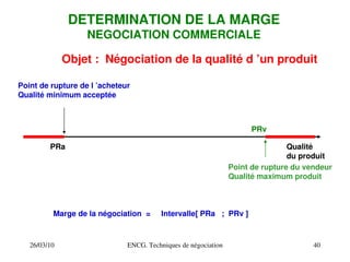 26/03/10 ENCG. Techniques de négociation 40
DETERMINATION DE LA MARGE
NEGOCIATION COMMERCIALE
Objet : Négociation de la qualité d ’un produit
Point de rupture de l ’acheteur
Qualité minimum acceptée
Qualité
du produit
Point de rupture du vendeur
Qualité maximum produit
PRa
PRv
Marge de la négociation = Intervalle[ PRa ; PRv ]
 