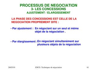 26/03/10 ENCG. Techniques de négociation 61
PROCESSUS DE NEGOCIATION
3­ LES CONCESSIONS
AJUSTEMENT / ELARGISSEMENT
LA PHASE DES CONCESSIONS EST CELLE DE LA
NEGOCIATION PROPREMENT DITE :
­ Par ajustement :
­ Par élargissement :
En négociant sur un seul et même
objet de la négociation .
En négociant simultanément sur
plusieurs objets de la négociation
 