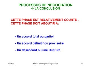 26/03/10 ENCG. Techniques de négociation 64
PROCESSUS DE NEGOCIATION
4­ LA CONCLUSION
CETTE PHASE EST RELATIVEMENT COURTE .
CETTE PHASE DOIT ABOUTIR A:
­ Un accord total ou partiel
­ Un accord définitif ou provisoire
­ Un désaccord ou une Rupture
 