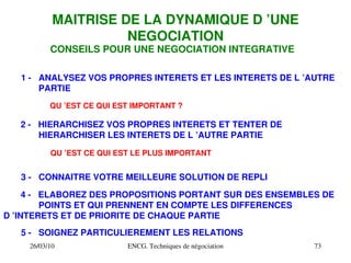 26/03/10 ENCG. Techniques de négociation 73
MAITRISE DE LA DYNAMIQUE D ’UNE
NEGOCIATION
CONSEILS POUR UNE NEGOCIATION INTEGRATIVE
1 ­ ANALYSEZ VOS PROPRES INTERETS ET LES INTERETS DE L ’AUTRE
PARTIE
2 ­ HIERARCHISEZ VOS PROPRES INTERETS ET TENTER DE
HIERARCHISER LES INTERETS DE L ’AUTRE PARTIE
3 ­ CONNAITRE VOTRE MEILLEURE SOLUTION DE REPLI
4 ­ ELABOREZ DES PROPOSITIONS PORTANT SUR DES ENSEMBLES DE
POINTS ET QUI PRENNENT EN COMPTE LES DIFFERENCES
D ’INTERETS ET DE PRIORITE DE CHAQUE PARTIE
5 ­ SOIGNEZ PARTICULIEREMENT LES RELATIONS
QU ’EST CE QUI EST IMPORTANT ?
QU ’EST CE QUI EST LE PLUS IMPORTANT
 