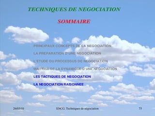 26/03/10 ENCG. Techniques de négociation 75
T
T
TE
E
EC
C
CH
H
HN
N
NI
I
IQ
Q
QU
U
UE
E
ES
S
S D
D
DE
E
E N
N
NE
E
EG
G
GO
O
OC
C
CI
I
IA
A
AT
T
TI
I
IO
O
ON
N
N
S
S
SO
O
OM
M
MM
M
MA
A
AI
I
IR
R
RE
E
E
PRINCIPAUX CONCEPTS DE LA NEGOCIATION
LA PREPARATION D’UNE NEGOCIATION
L’ETUDE DU PROCESSUS DE NEGOCIATION
MAITRISE DE LA DYNAMIQUE D’UNE NEGOCIATION
LES TACTIQUES DE NEGOCIATION
LA NEGOCIATION RAISONNEE
 