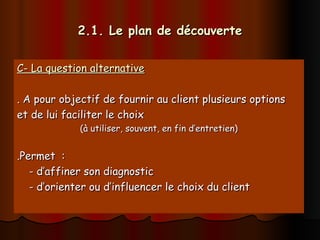 2.1. Le plan de découverte
2.1. Le plan de découverte
C- La question alternative
C- La question alternative
. A pour objectif de fournir au client plusieurs options
. A pour objectif de fournir au client plusieurs options
et de lui faciliter le choix
et de lui faciliter le choix
(à utiliser, souvent, en fin d’entretien)
(à utiliser, souvent, en fin d’entretien)
.Permet :
.Permet :
- d’affiner son diagnostic
- d’affiner son diagnostic
- d’orienter ou d’influencer le choix du client
- d’orienter ou d’influencer le choix du client
 