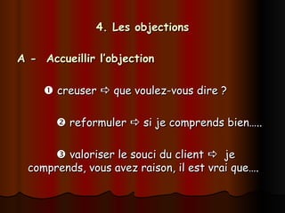 4. Les objections
4. Les objections
A - Accueillir l’objection
A - Accueillir l’objection

 creuser
creuser 
 que voulez-vous dire ?
que voulez-vous dire ?

 reformuler
reformuler 
 si je comprends bien…..
si je comprends bien…..

 valoriser le souci du client
valoriser le souci du client 
 je
je
comprends, vous avez raison, il est vrai que….
comprends, vous avez raison, il est vrai que….
 