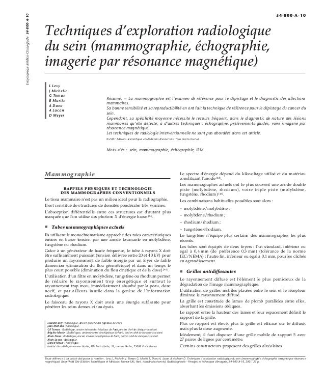 Techniques D Exploration Radiologique Du Sein Mammographie