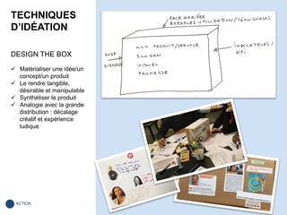 TECHNIQUES
D’IDÉATION
DESIGN THE BOX
ü  Matérialiser une idée/un
concept/un produit
ü  Le rendre tangible,
désirable et manipulable
ü  Synthétiser le produit
ü  Analogie avec la grande
distribution : décalage
créatif et expérience
ludique
23	ACTION	
 