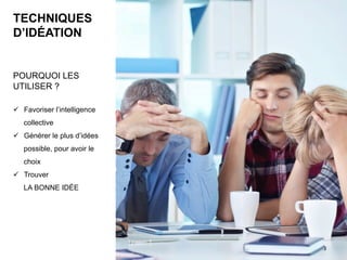 TECHNIQUES
D’IDÉATION
POURQUOI LES
UTILISER ?
ü  Favoriser l’intelligence
collective
ü  Générer le plus d’idées
possible, pour avoir le
choix
ü  Trouver
LA BONNE IDÉE
3	
 
