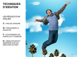 TECHNIQUES
D’IDÉATION
LES RÈGLES D’UN
ATELIER
C > PAS DE CENSURE
Q > PRIVILÉGIER LA
QUANTITÉ
F > S’AUTORISER LES
FARFELU ET L’HUMOUR
D > DÉMULTIPLIER ET
REBONDIR SUR LES
IDÉES DES AUTRES
6	
 