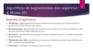 18
Domaines D’application :
 Marketing : segmentation du marché en découvrant des groupes de clients distincts à
partir de la base de données des achats.
 Environnement : identification des zones terrestre similaire ( en terme d’utilisation ) dans
une base de donné d’observation de la terre.
 Assurance : identification des groupes d’assurés distincts associé à un nombre important
de déclarations.
 Planification de villes : identification des groupe d’habitants suivant le type d’habitation,
ville , localisation géographique …
 Médecine : Localisation de tumeurs dans le cerveau
Algorithme de segmentation non supervisé :
K-Means (8)
 