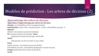23
Apprentissage des arbres de décision
Algorithme d'apprentissage par arbres de décision
donnée: un échantillon S de m enregistrements
initialisation: arbre vide ; nœud courant : racine ; échantillon courant : S
Répéter
décider si le nœud courant est terminal
Si le nœud courant est terminal Alors
étiqueter le nœud courant par une feuille
Sinon
sélectionner un test et créer le sous arbre
Finsi
nœud courant : un nœud non encore étudié
échantillon courant : échantillon atteignant le nœud courant
Jusque production d'un arbre de décision
sortie
Modèles de prédiction : Les arbres de décision (2)
 