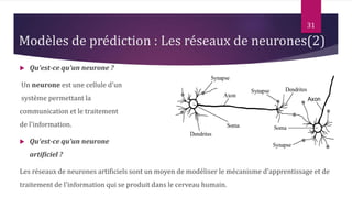 31
Soma Soma
Synapse
Synapse
Dendrites
Axon
Synapse
Dendrites
Axon
 Qu'est-ce qu'un neurone ?
Un neurone est une cellule d'un
système permettant la
communication et le traitement
de l'information.
 Qu'est-ce qu'un neurone
artificiel ?
Les réseaux de neurones artificiels sont un moyen de modéliser le mécanisme d'apprentissage et de
traitement de l'information qui se produit dans le cerveau humain.
Modèles de prédiction : Les réseaux de neurones(2)
 