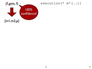 (?,gets, f)                execution(* m*(..))
                100%
              conﬁdence!

{m1,m2,p}




                             27                  27
 