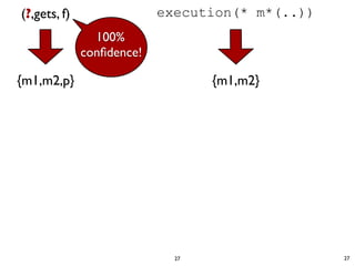 (?,gets, f)                execution(* m*(..))
                100%
              conﬁdence!

{m1,m2,p}                         {m1,m2}




                             27                  27
 