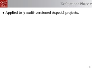 Evaluation: Phase 2

• Applied to 3 multi-versioned AspectJ projects.




                                                     30
 