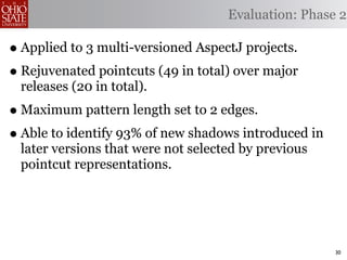Evaluation: Phase 2

• Applied to 3 multi-versioned AspectJ projects.
• Rejuvenated pointcuts (49 in total) over major
 releases (20 in total).
• Maximum pattern length set to 2 edges.
• Able to identify 93% of new shadows introduced in
 later versions that were not selected by previous
 pointcut representations.




                                                      30
 
