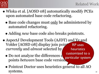 Related Work

• Wloka et al. [AOSD 08] automatically modify PCEs
 upon automated base code refactoring.
 • Base code changes must only be administered by
     automated refactoring.
 • Adding new base code also breaks pointcuts.
• AspectJ Development Tools (AJDT) and Ye and
 Volder [AOSD 08] display join points thatuses
                                        RP are
 currently and almost selected by a pointcut.
                                       heuristics
                                    customized to a
 •Do not analyze the differences exhibited by join
                                   particular system
  points between base code versions.
 • Pointcut Doctor uses heuristics general to all AO
     systems.                                          31
 