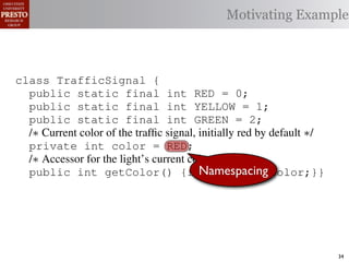 Motivating Example



class TrafficSignal {
  public static final int RED = 0;
  public static final int YELLOW = 1;
  public static final int GREEN = 2;
  /∗ Current color of the trafﬁc signal, initially red by default ∗/
  private int color = RED;
  /∗ Accessor for the light’s current color ∗/
                                         Namespacing
  public int getColor() {return this.color;}}

class Automobile         {
  private static         final    int   IDLE = 0;
  private static         final    int   INCREASE_SPEED = 1;
  private static         final    int   DECREASE_SPEED = 2;
  private static         final    int   STOP = 3;                      34
 