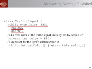 Motivating Example Revisited



class TrafficSignal {{
        TrafficSignal
  public enum Color {RED, RED = 0;
  public static final int
     YELLOW,
  public static final int YELLOW = 1;
     GREEN};
  public static final int GREEN = 2;
  /∗ Current color of the trafﬁc signal, initially red byby default ∗/
  /* Current color of the trafﬁc signal, initially red default */
  private Color color= =RED;
  private int color                 Color.RED;
  /∗ Accessor for the light’s current color */∗/
  /* Accessor for the light’s current color
  public Color getColor(){return this.color;}}
  public int getColor() {return this.color;}}

class Automobile {
class Automobile {
  private enum Action {IDLE,IDLE = 0;
  private static final int
    INCREASE_SPEED,
  private static final int INCREASE_SPEED = 1;
    DECREASE_SPEED,
  private static final int DECREASE_SPEED = 2;
    STOP};
  private static final int MAX_SPEED = 140;
  private
           static final int STOP = 3;                                    35
 