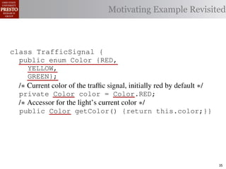 Motivating Example Revisited



class TrafficSignal {{
        TrafficSignal
class TrafficSignal {
  public enum Color {RED, RED = 0;
  public static final int
  public enum Color {RED,
     YELLOW,
  public static final int YELLOW = 1;
     YELLOW,
     GREEN};
  public static final int GREEN = 2;
     GREEN};
  /∗ Current color of the trafﬁc signal, initially red byby default ∗/
  /* Current color of the trafﬁc signal, initially red by default */
  /* Current color of the trafﬁc signal, initially red default */
  private Color color= =RED;
  private Color color = Color.RED;
  private int color                  Color.RED;
  /∗ Accessor for the light’s current color */∗/
  /* Accessor for the light’s current color */
  /* Accessor for the light’s current color
  public Color getColor(){return this.color;}}
  public Color getColor() {return this.color;}}
             int getColor() {return this.color;}}

class Automobile {
class Automobile {
class Automobile {
  private enum Action {IDLE,IDLE = 0;
  private enum Action {IDLE,
  private static final int
    INCREASE_SPEED,
    INCREASE_SPEED,
  private static final int INCREASE_SPEED = 1;
    DECREASE_SPEED,
    DECREASE_SPEED,
  private static final int DECREASE_SPEED = 2;
    STOP};
    STOP}; static final int STOP = 3;
  private static final int MAX_SPEED = 140;
  private                                                                35
 