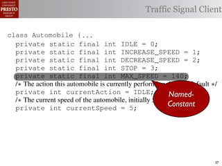 this.currentAction &&
    private int color = RED;
                int color = RED;                  38           (reacti
 INCREASE_SPEED ||
    /∗ Accessor for the light’s current color ∗/
       Accessor for the light’s current color ∗/
tSpeed <= MAX_SPEED))
                                                 Traffic Signal Client
                                                  39            this.c
    public int getColor() {return this.color;}}
              int getColor() {return this.color;}}40             this.
rmAction(reaction);}
                                                     41
                                                     42     private void
rmAction(int action) {
  class Automobile {...}}
         Automobile {                                                 (b) Im
      private static final int IDLE == 0;
                   static final int IDLE               0;
eger constants for static final int INCREASE_SPEED ==1;
                   enumerated types.
      private static final int INCREASE_SPEED
      private                                                          1;
      private static final int DECREASE_SPEED ==2;
      private static final int DECREASE_SPEED                          2;
Figure 1. Running example: STOP == 3;
      private static final int a hypothetical drive-by-w
      private static final int STOP                    3;
      private static final int MAX_SPEED == 140;
      private static final int MAX_SPEED                       140;
      /∗ The action this automobile is currently performing, idle by default ∗/
      /∗ The action Third, the weak enumperforming, idle by default ∗/
                     this automobile is currently
 ch machinery.int currentAction = IDLE; example, in which
      private int currentAction = IDLE;
      private
      /∗ The   to manually enumerate initially mph. Named-
      /∗ The current speed of the automobile,initially 55by language enum
 ogrammercurrent speed of the automobile,the                   ∗/
                                                          mph. ∗/
      private int currentSpeed = of
 ts, which increases the likelihood 5;
      private int currentSpeed =               5;             Constant
                                                         and Automobile.
different enumint react(TrafficSignal signal) of these ne
                  constants may be unin-     ations
      private int react(TrafficSignal signal) {{
      private
 he same internal value. Finally, the{
        switch(signal.getColor()) {
        switch(signal.getColor())            through compile-tim
           case TrafficSignal.RED: return STOP;
rittle [?]:case TrafficSignal.YELLOW:
           case TrafficSignal.RED: return STOP; the named
            since the values are com-        between
           case TrafficSignal.YELLOW:
at compile time they are to stop or go
             // decide whether inlined into
             // decide whether to stop or go
                                             ated values. It is als
 new constants(this.shouldGo())
             if are added in between         is an Action, whic            37
 