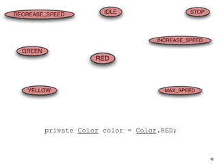 DECREASE_SPEED                  IDLE                           STOP




                                                   INCREASE_SPEED

  GREEN
                            RED




      class
  1 YELLOW      TrafficSignal {                          MAX_SPEED
  2       public enum Color {RED,
  3          YELLOW,
  4          GREEN};
  5       /* Current color of the trafﬁc signal, initially red by default */
  6       private Color color = Color.RED;
  7       /* Accessor for the light’s current color */
  8       public Color getColor() {return this.color;
  9
                                                                       42
 10   class Automobile {
 