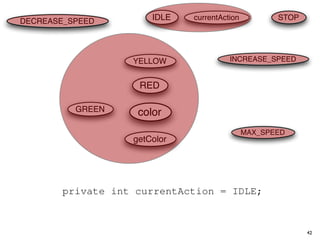 2     public static final int RED = 0;
DECREASE_SPEED static final int RED_YELLOW = 1;
  3     public                 IDLE       currentAction          STOP
  4     public static final int YELLOW = 2;
  5     public static final int GREEN = 3;
  6     /∗ Current color of the trafﬁc signal, initially red by default ∗/
                          YELLOW = RED;              INCREASE_SPEED
  7     private int color
  8     /∗ Accessor for the light’s current color ∗/
  9                        RED
        public int getColor() {return this.color;}}
  10
  11   class Automobile {
            GREEN           color
  12     private static final int IDLE = 0;
  13     private static final int INCREASE_SPEED = 1  MAX_SPEED
                           getColor
  14     private static final int DECREASE_SPEED = 2
  15     private static final int STOP = 3;
  16     private static final int MAX_SPEED = 140;
  17     /∗ The action this automobile is currently performing, idle by de
  18     private int currentAction = IDLE;
  19     /∗ The current speed of the automobile, initially 5 mph. ∗/
  20     private int currentSpeed = 5;
  21
                                                                      42
 