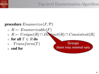 µ(P)     {m | m "* % 1)!0#- "$ P}
 υ(P)                  Top-level Enumerization Algorithm
          {l | l "* % '%2"%,&) "$ P}
 α        '%2"%,&)/ !)&-/ 1)!0#-
 αctxt    30"+$5+ "$ 40"+0 α 1%. #++(2
            !"#$%& '( !)%*+,"-* .)/+/").(
.',/&4$'& Enumerize(F, P)
 >A R ← Enumerizable(F )

 QA R ← U nique(R) ∩ Distinct(R) ∩ Consistent(R)

 GA 5,' *22 T ∈ R 4,

 RA  T ransf orm(T )               Groups
 ?A  5,'
                            them into minimal sets

   !"#$%& 0( 1)23,&4&, &.$*&%"5+/"). +,#)%"/6*(

2)9%+!#2"$37 M) %&*# %**(1) !0%! 4) %2) %,&) !# *!%!"+
"-)$!"9. %&& 2)9)2)$+)* !# +%$-"-%!) !)&-* %$- !2%$*"!"')&.
                                                        45
 
