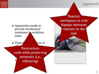 Approach


                                  Restrict
                             workspace to only
• Approaches made to         displays elements
  provide mechanical          relevant to the
  assistance in evolution           task
  tasks.

• Typically in the form of
  plug-ins to IDEs.
       Restructure
•code the burden of
  Ease while preserving
      semantics (i.e.,
  software maintenance
  and evolution.
        refactoring)

                                                 8
 
