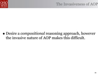The Invasiveness of AOP




• Desire a compositional reasoning approach, however
 the invasive nature of AOP makes this difficult.




                                                    54
 